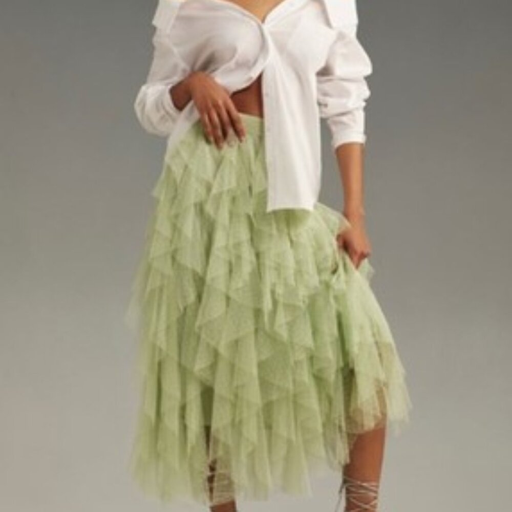 NWT Cheri Ruffled Tulle Midi Skirt By Anthropologie